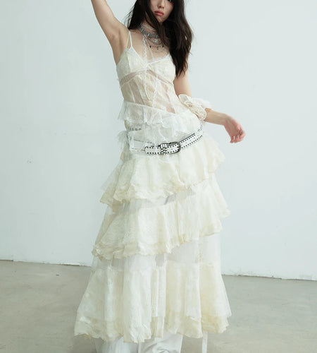 Women Beige Lace Perspective Long Spaghetti Strap Dress New V-Neck Sleeveless Fashion Tide Spring Autumn 2025 1DJ0684