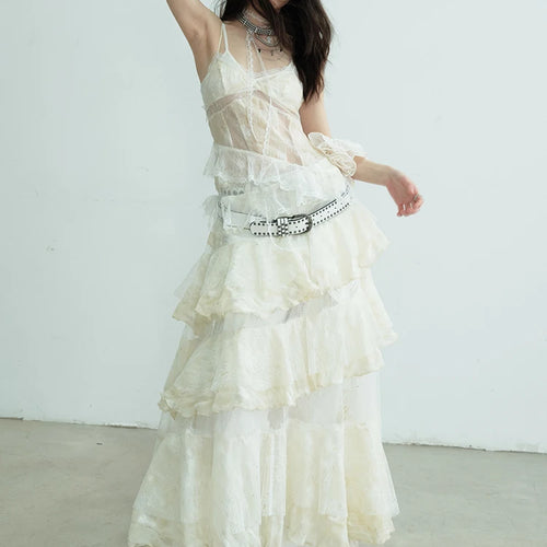 Load image into Gallery viewer, Women Beige Lace Perspective Long Spaghetti Strap Dress New V-Neck Sleeveless Fashion Tide Spring Autumn 2025 1DJ0684
