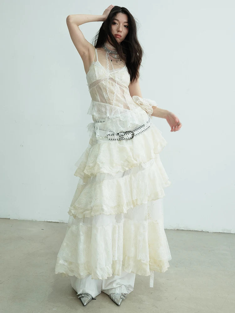 Women Beige Lace Perspective Long Spaghetti Strap Dress New V-Neck Sleeveless Fashion Tide Spring Autumn 2025 1DJ0684