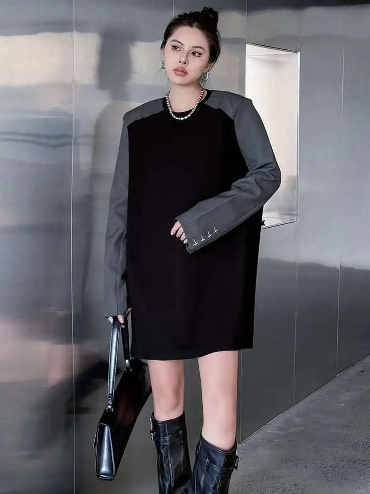 Women Black Color-block Blazer Fabric Elegant Mini Dress New Round Neck Long Sleeve Fashion Spring Autumn 2025 1DH9822