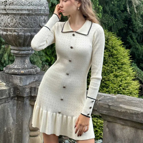 Load image into Gallery viewer, Elegant Knitted Sweater Button Elastic Slim Women Dress Lotus Leaf Edge Bodycon Long Sleeve Fall New 2024 Female Vestido
