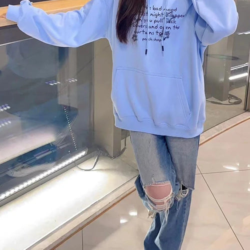 Load image into Gallery viewer, Sky Blue Hooded Drawstring Chic Letter Print Women Hoodies Winter Solid Color Street Simple Casual Fashion Female Hoodies
