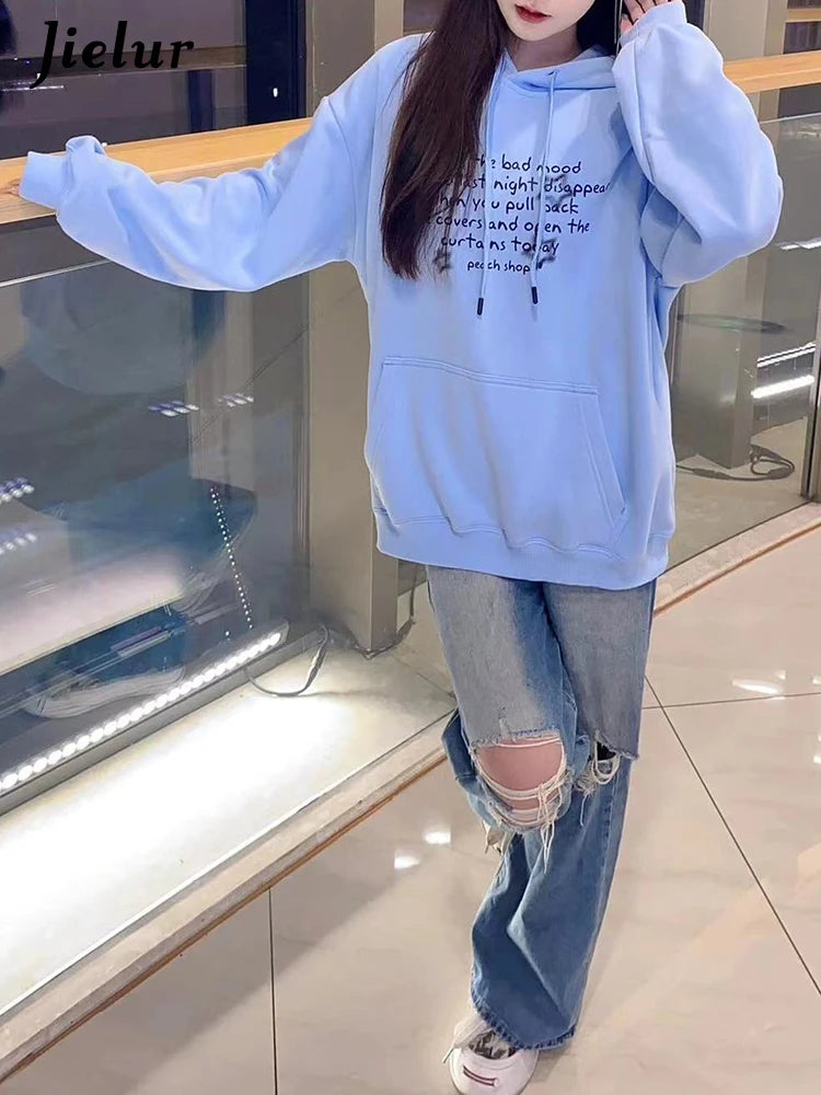 Sky Blue Hooded Drawstring Chic Letter Print Women Hoodies Winter Solid Color Street Simple Casual Fashion Female Hoodies