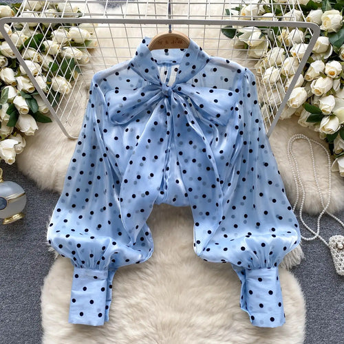 Load image into Gallery viewer, Autumn Women's Vintage Festival Polka Dots Single Breasted Shirt Elegant Sweet Bow Long Sleeve Loose Office Ladies Blouses Tops
