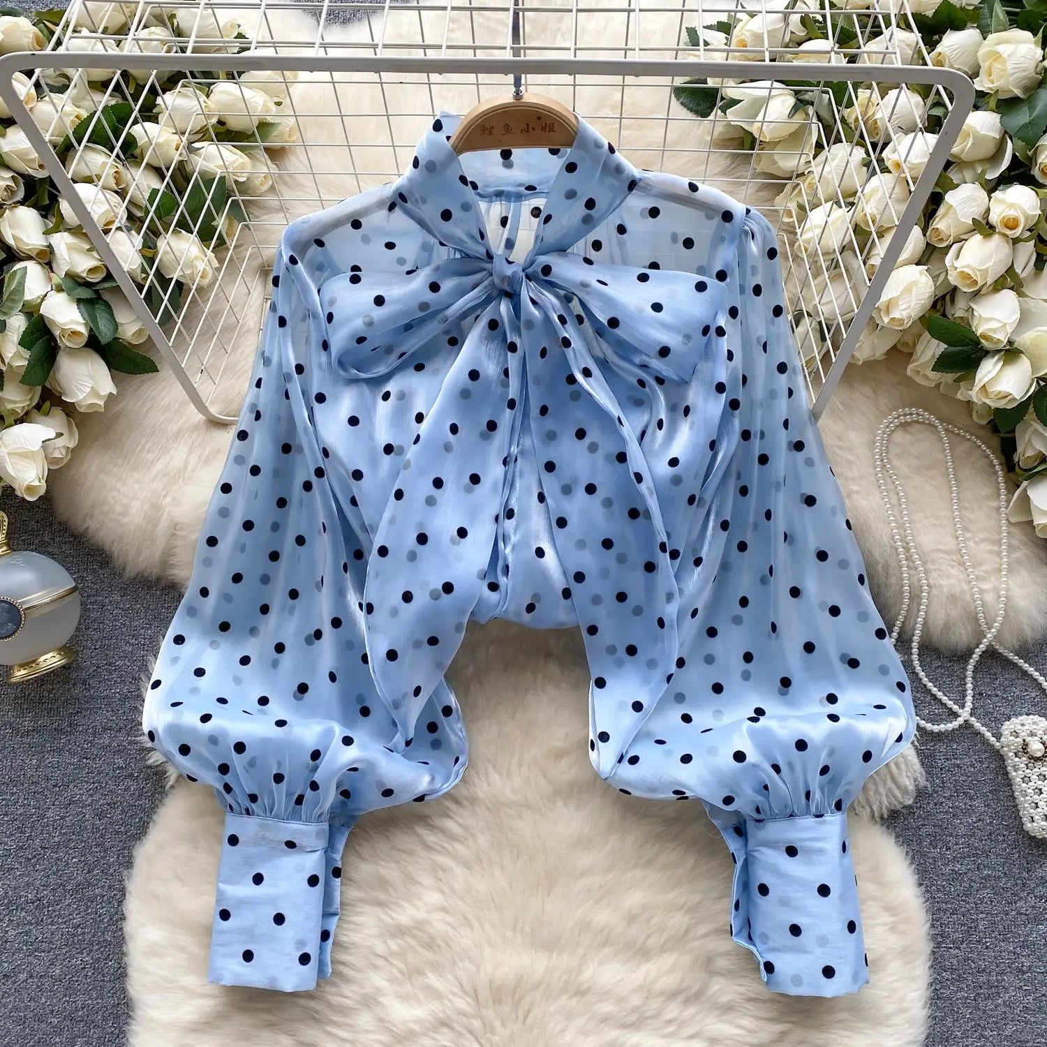 Autumn Women's Vintage Festival Polka Dots Single Breasted Shirt Elegant Sweet Bow Long Sleeve Loose Office Ladies Blouses Tops