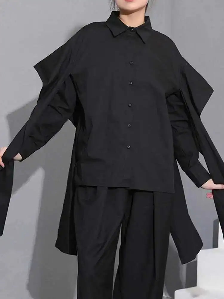 Women Black Irregular Ribbon Ribbon Big Size Blouse New Lapel Long Sleeve Shirt Fashion Tide Spring Autumn 2025 SG359