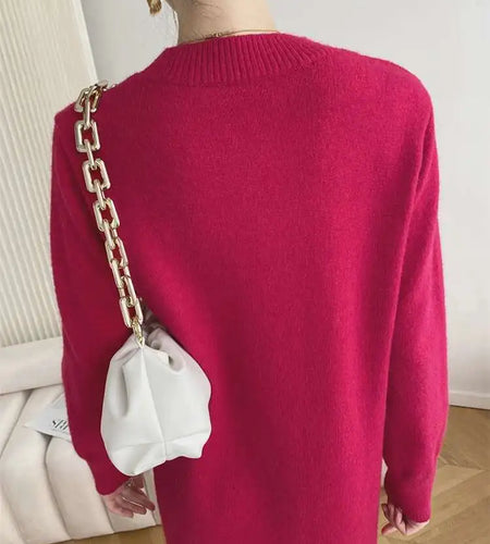 Women Rose Red Casual Midi Elegant Knitting Dress New Round Neck Long Sleeve Fashion Tide Spring Autumn 2025 1DH6450