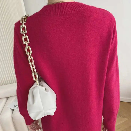 Load image into Gallery viewer, Women Rose Red Casual Midi Elegant Knitting Dress New Round Neck Long Sleeve Fashion Tide Spring Autumn 2025 1DH6450

