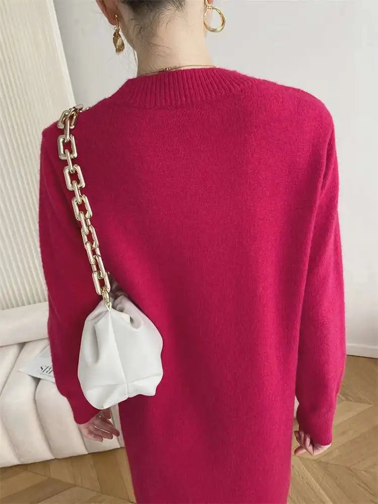 Women Rose Red Casual Midi Elegant Knitting Dress New Round Neck Long Sleeve Fashion Tide Spring Autumn 2025 1DH6450