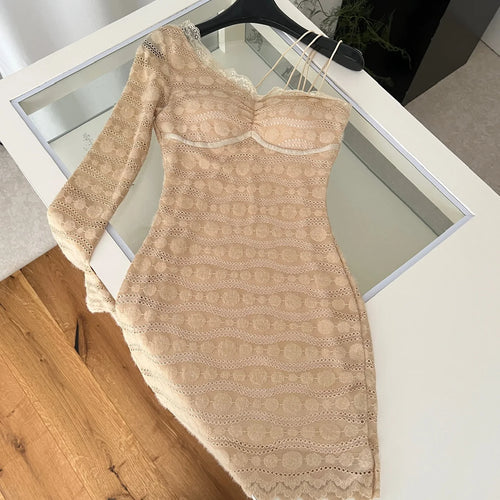 Load image into Gallery viewer, French Retro Women Khaki Lace Slim Backless Mini Dress Autumn Winter Off Shoulder Sexy Club Long Sleeved Short Dress Fashion New
