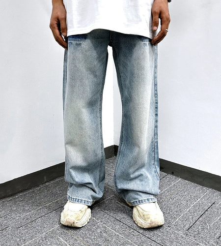 Men's  Jeans Washed Cracked Straight Leg Trendy New American Style Simple Casual Denim Pants Male Summer Bottoms 9W1745