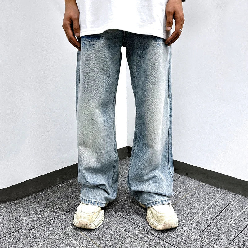 Men's  Jeans Washed Cracked Straight Leg Trendy New American Style Simple Casual Denim Pants Male Summer Bottoms 9W1745