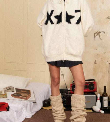 Y2k Aesthetic Casual Jacquard Cardigan Coats Autumn Oversized Knitted Vintage Sweaters Hooded Streetwear Women Grunge Sweater