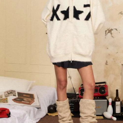 Load image into Gallery viewer, Y2k Aesthetic Casual Jacquard Cardigan Coats Autumn Oversized Knitted Vintage Sweaters Hooded Streetwear Women Grunge Sweater
