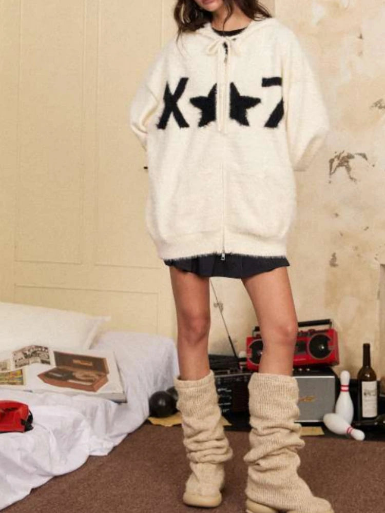 Y2k Aesthetic Casual Jacquard Cardigan Coats Autumn Oversized Knitted Vintage Sweaters Hooded Streetwear Women Grunge Sweater