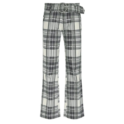 Load image into Gallery viewer, Y2k Vintage Belt Low Rise Plaid Trousers Harajuku Korean Style Female Pants Boot Cut 2000s Aesthetic Capris Checkered
