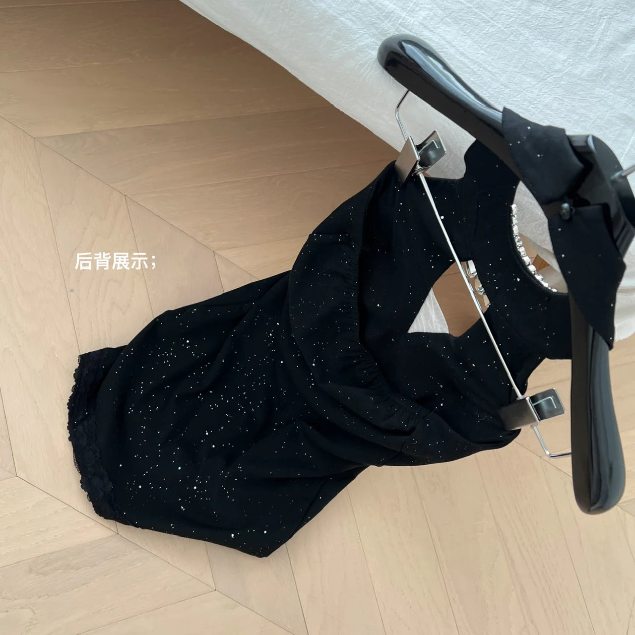 French Black Diamond Off Shoulder Halter Short Dress For Women Summer 2025 New Hollow Out Backless Sexy Club Mini Wrap Hip Dress