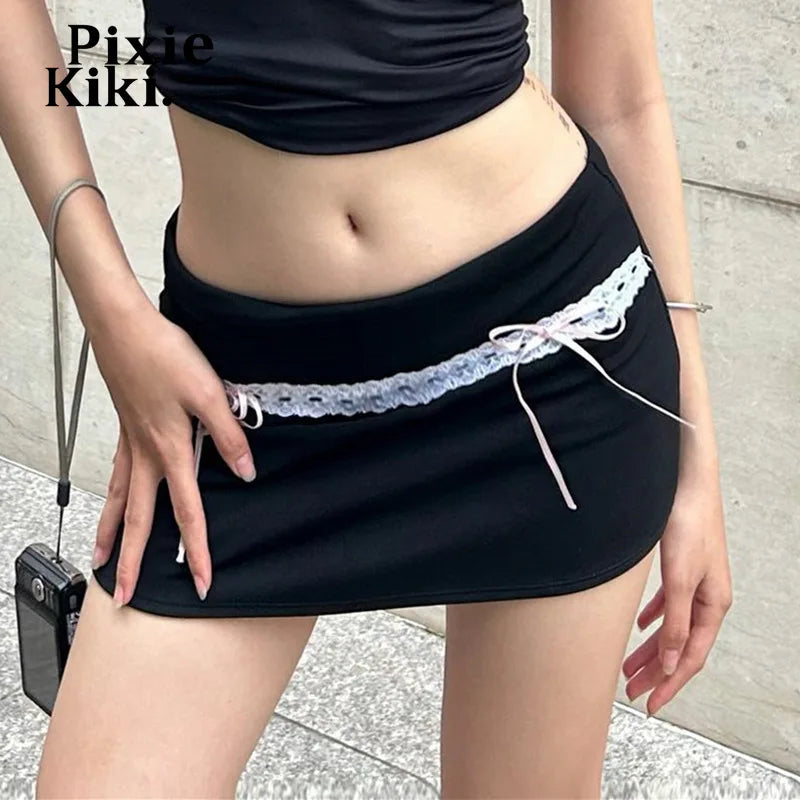 Bow Lace Mini Skirt Kawaii Fashion Girls Low Waist Black Skirts for Women Cutecore Y2k Summer Coquett Clothes P33-BB10