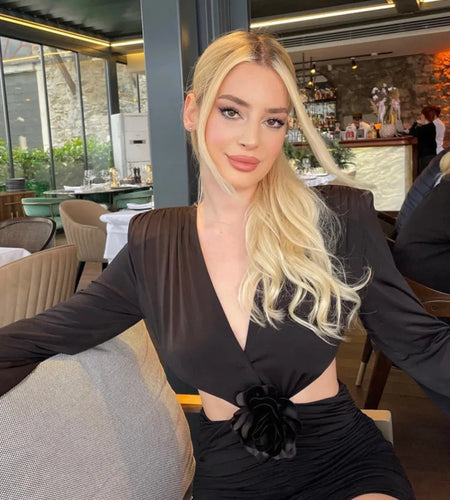 Sexy Deep V 3D Flower Women's Dress Bodycon Hollow Out  Backless Long Sleeve Folds Female Mini Dress Party Club Vestidos