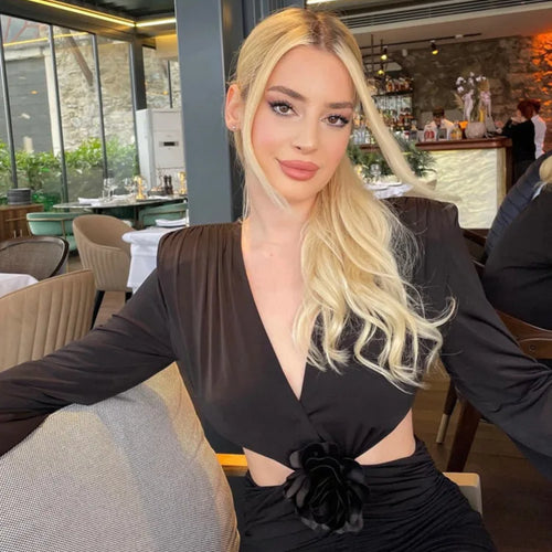 Load image into Gallery viewer, Sexy Deep V 3D Flower Women's Dress Bodycon Hollow Out  Backless Long Sleeve Folds Female Mini Dress Party Club Vestidos
