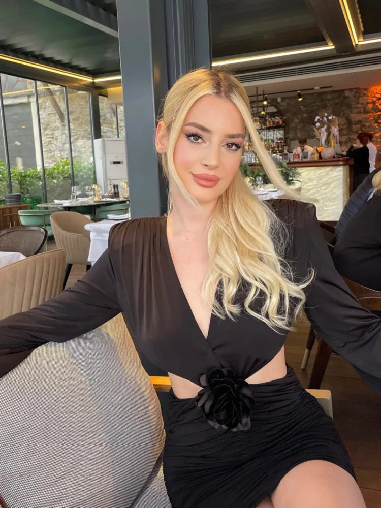 Sexy Deep V 3D Flower Women's Dress Bodycon Hollow Out  Backless Long Sleeve Folds Female Mini Dress Party Club Vestidos