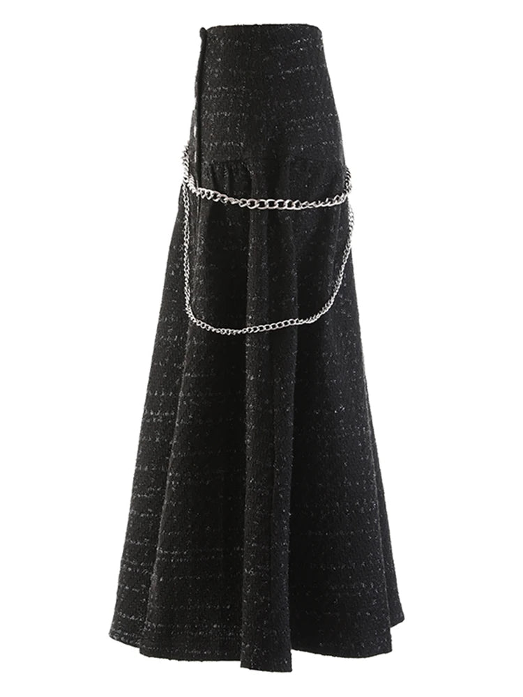 Split Thigh Black Midi Skirt For Women High Waist A Line Patchwork Chain Solid Minimalist Long Skirts Female Summer