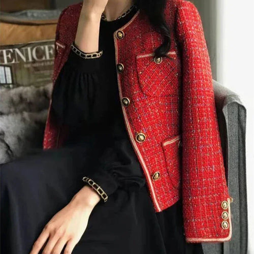 Load image into Gallery viewer, Korean Elegant Women&#39;s Coat New Autumn/Winter Sweet Casual Loose O-neck Single Breasted Suit Coat Red Tweed Blazer Women
