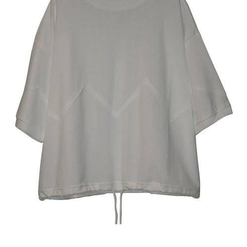 Load image into Gallery viewer, Women Black Hem Drawstring Spliced Big Size T-shirt New Round Neck Short Sleeve Fashion Tide Spring Summer 2025 1DJ1221
