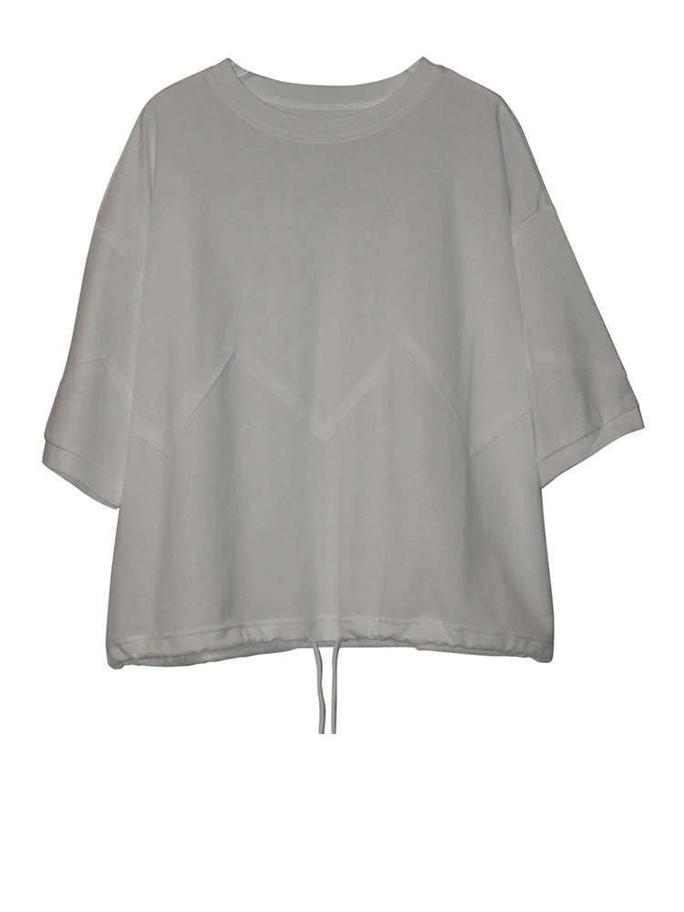 Women Black Hem Drawstring Spliced Big Size T-shirt New Round Neck Short Sleeve Fashion Tide Spring Summer 2025 1DJ1221