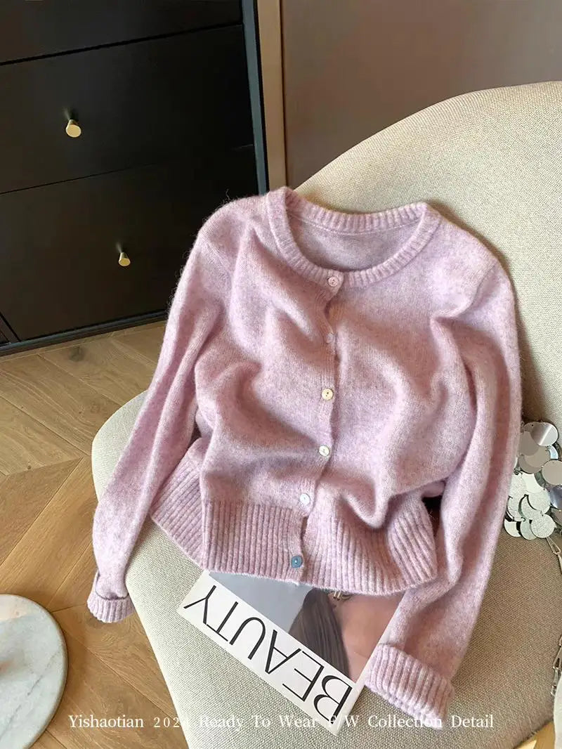 Simple 2024 Autumn Winter Women's New Pink Round Neck Cardigan Sweater French Single Breasted Long Sleeve Fashion Versatile Tops