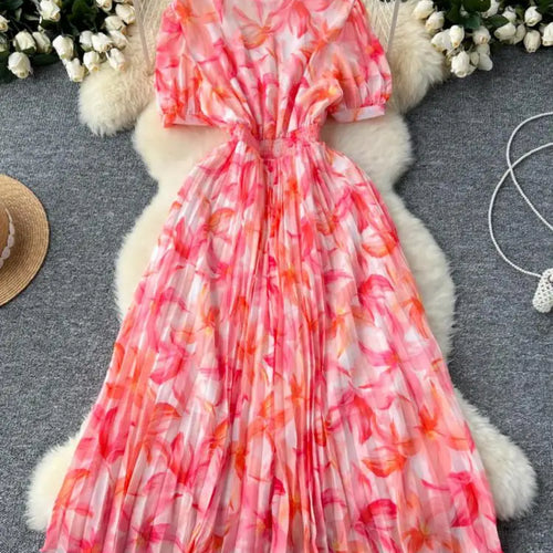Load image into Gallery viewer, French Retro Romantic Women's Elegant Print V-neck Short Sleeved Pleated Long Dress Summer Vacation Party Evening Dress Bohemian
