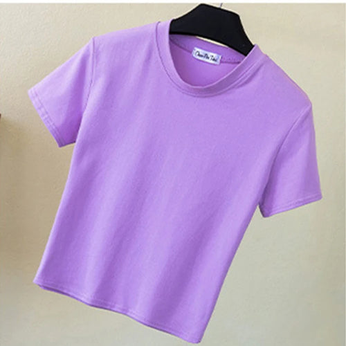 Load image into Gallery viewer, Green Crop Top T-Shirt Female Solid Cotton O-Neck Short Sleeve T-shirts for Women High Waist Slim Short Sport Femme T-Shirt
