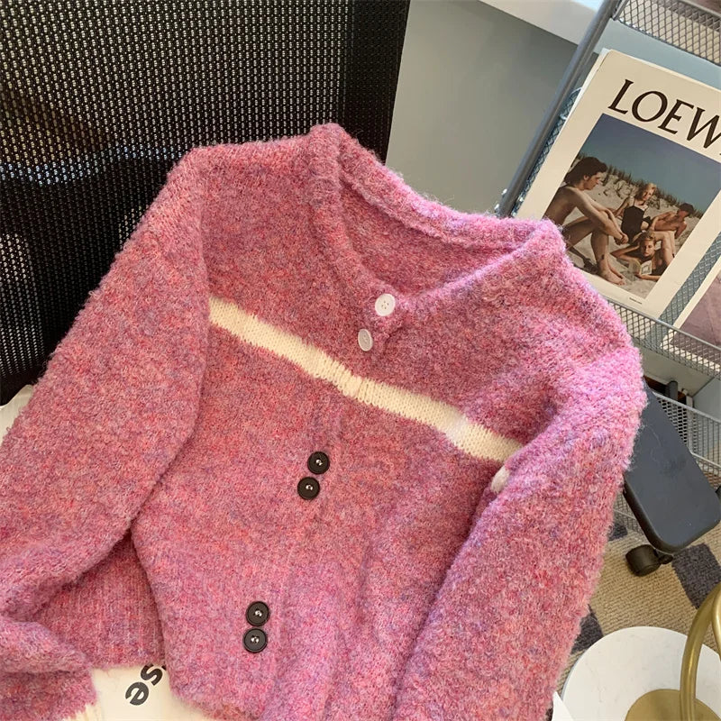 Korean Purple Patchwork Long Sleeved Short Sweater Women's New Green Casual Thick Loose Knit Pullover Top Autumn Winter 2024 Y2k