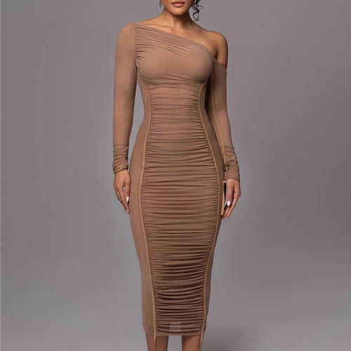 Load image into Gallery viewer, Diagonal Collar Long Sleeve Midi Dress For Women Two Layer Mesh Backless Ruched Bodycon Club Party Sexy Long Dress
