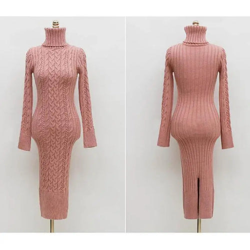 Load image into Gallery viewer, Autumn Winter Korean Blue Pink High Neck Slim Long Sleeve Dresses Women Retro Blue Temperament Wrap Hip Knitted Dress Simplicity
