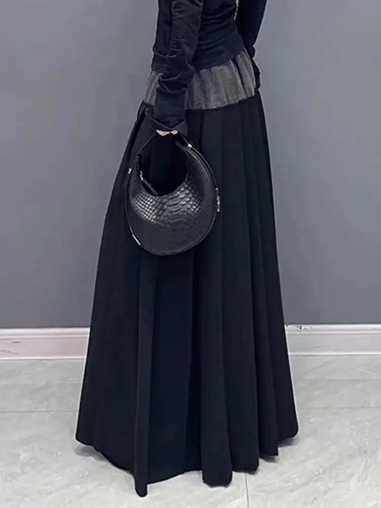 High Elastic Waist Blue Color-block Denim Pleated A-line Half-body Skirt Women Fashion Tide New Spring Autumn 2025 1DH2576