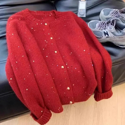 Load image into Gallery viewer, Korean Vintage Red Sequined Single Breasted Cardigan Sweater Women Autumn Winter Round Neck Long Sleeve Knitwear Tops Streetwear
