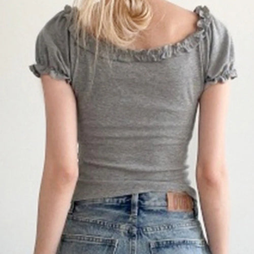 Load image into Gallery viewer, Women Y2k Aesthetic Ruffled Bandage T-shirt Summer Harajuku Fairy Vintage Slim Fit Tees Grunge Cropped Pleated Tops Streetwear
