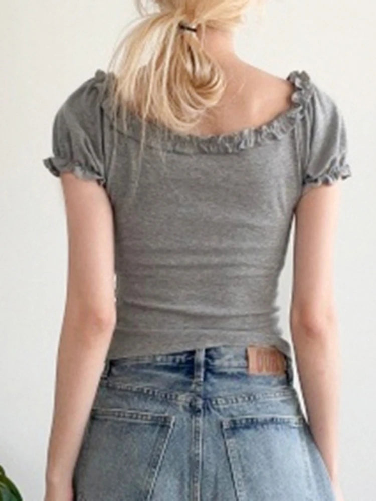 Women Y2k Aesthetic Ruffled Bandage T-shirt Summer Harajuku Fairy Vintage Slim Fit Tees Grunge Cropped Pleated Tops Streetwear