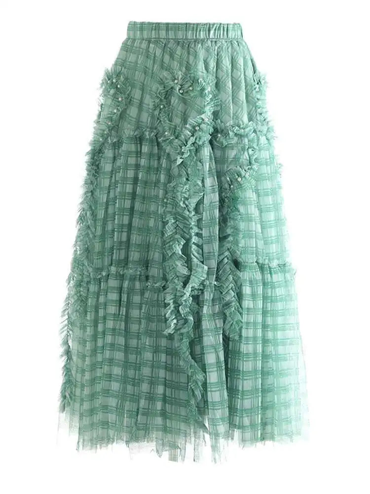 High Elastic Waist Brown Plaid Ruffles Tassels A-line Half-body Skirt Women Fashion Tide New Spring Autumn 2025 1DH9355