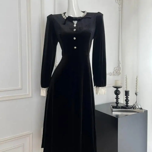Load image into Gallery viewer, Fashion Women New Black Velvet Diamond Bow Long Sleeve Festival Pleated Dress Vintage Elegant Birthday Party Dress Autumn Winter
