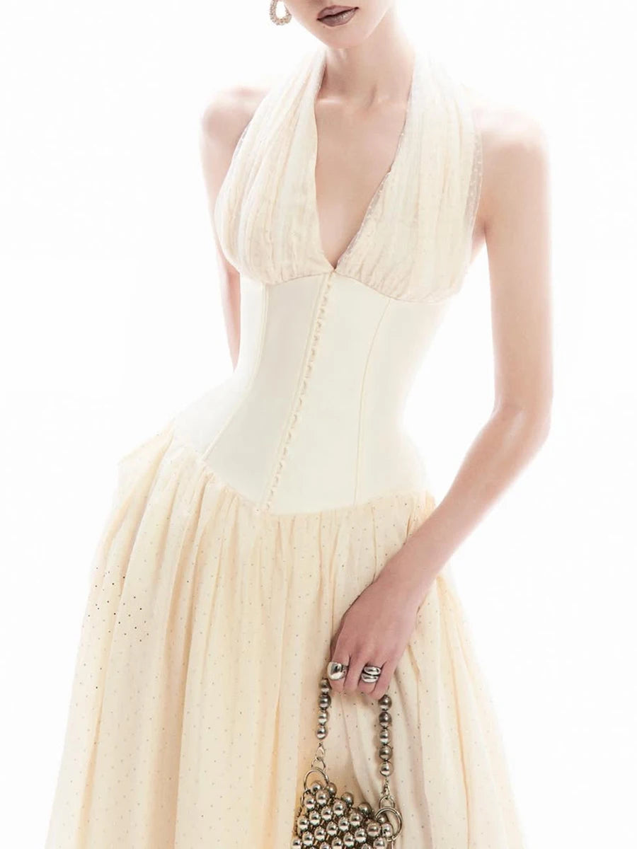 Solid Spliced Folds Slimming Dresses For Women V Neck Sleeveless Tunic Temperament Minimalist Dress Female Style