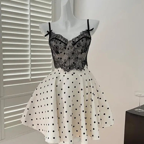 Load image into Gallery viewer, French Retro Women Black White Dot Patchwork Lace Elegant Sexy Backless Slip Short Dress 2025 Summer Sleeveless Slim Party Dress
