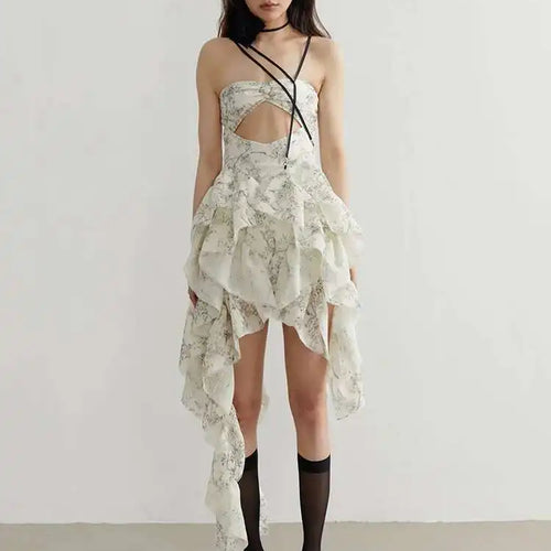Load image into Gallery viewer, Women Printed Hollow Out Ruffles Mini Irregular Strapless Dress New Sleeveless Fashion Tide Spring Summer 2025 1DH6272
