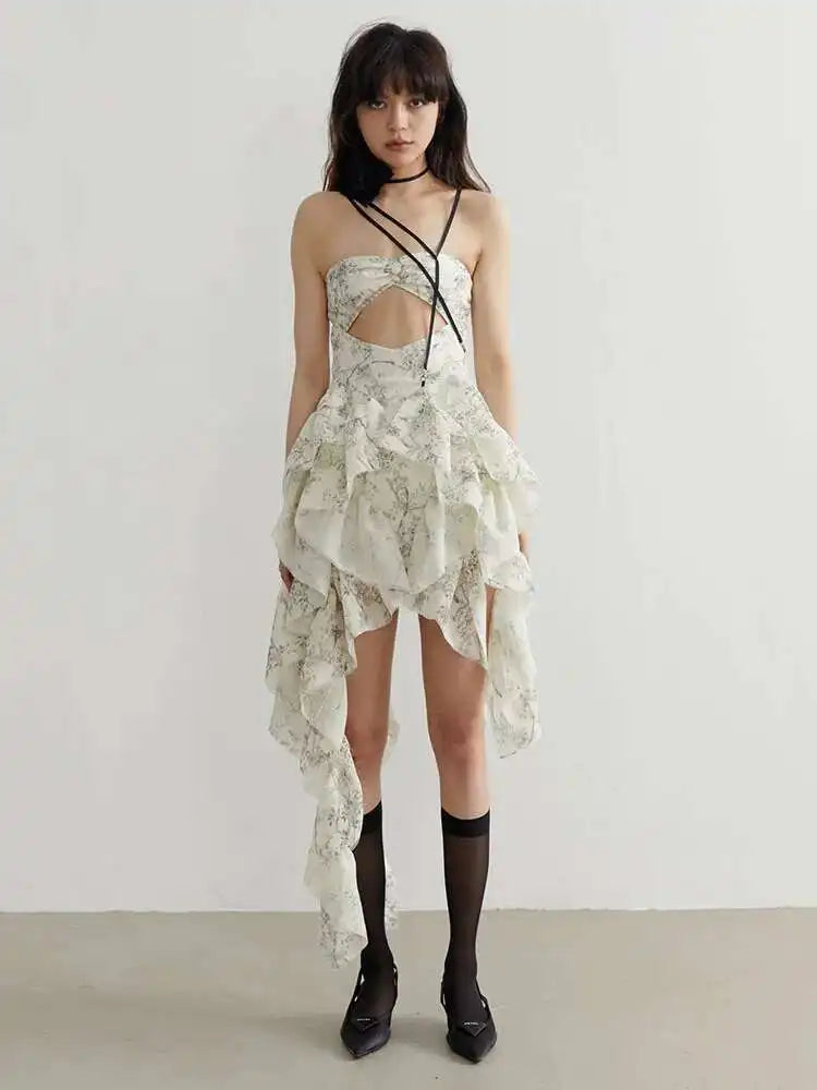 Women Printed Hollow Out Ruffles Mini Irregular Strapless Dress New Sleeveless Fashion Tide Spring Summer 2025 1DH6272
