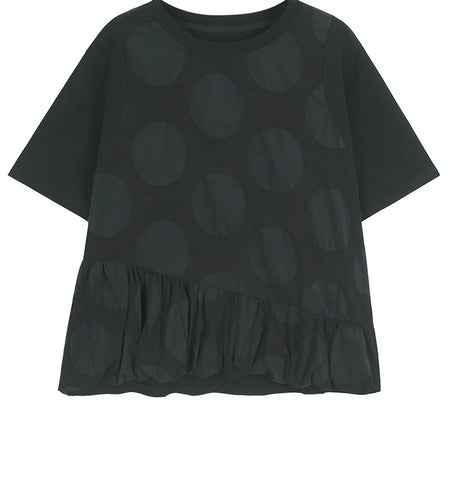 Women Black Dot Ruffles Big Size Casual T-shirt New Round Neck Short Sleeve Fashion Tide Spring Summer 2025 1DJ0188
