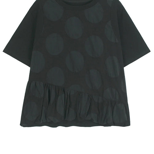Load image into Gallery viewer, Women Black Dot Ruffles Big Size Casual T-shirt New Round Neck Short Sleeve Fashion Tide Spring Summer 2025 1DJ0188

