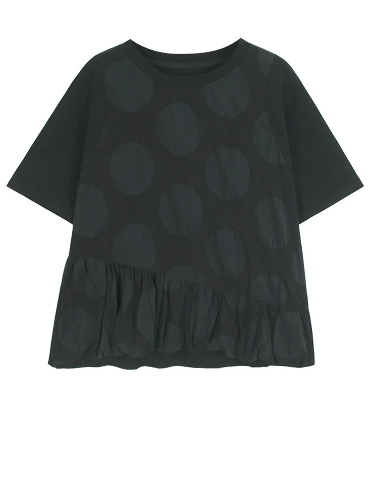 Women Black Dot Ruffles Big Size Casual T-shirt New Round Neck Short Sleeve Fashion Tide Spring Summer 2025 1DJ0188