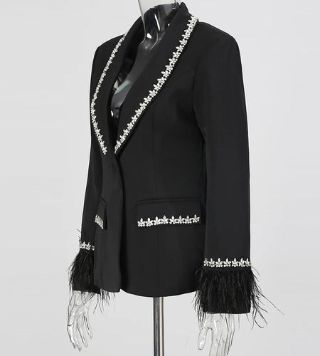 Solid Spliced Bead Lusurious Blazers for Women Lapel Long Sleeves Patchwork Feathers Fashion Blazer Female Clothing