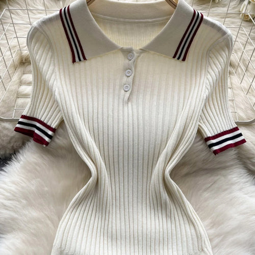 Load image into Gallery viewer, Summer Beige Stripe Short Sleeve Button Knitted Tops + High Waist Pleated Mini Skirt Women College Style Sexy Two-piece Set Chic
